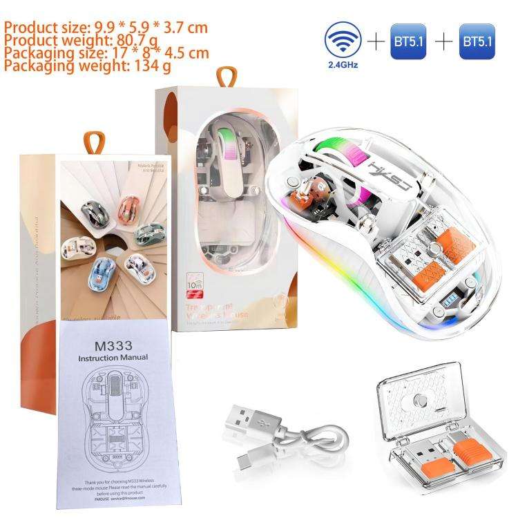 HXSJ M333 Three Modes Transparent Wireless Mouse(White)