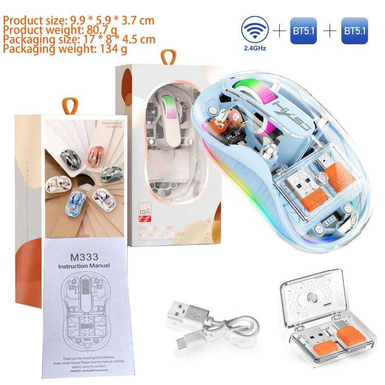 HXSJ M333 Three Modes Transparent Wireless Mouse(Blue)