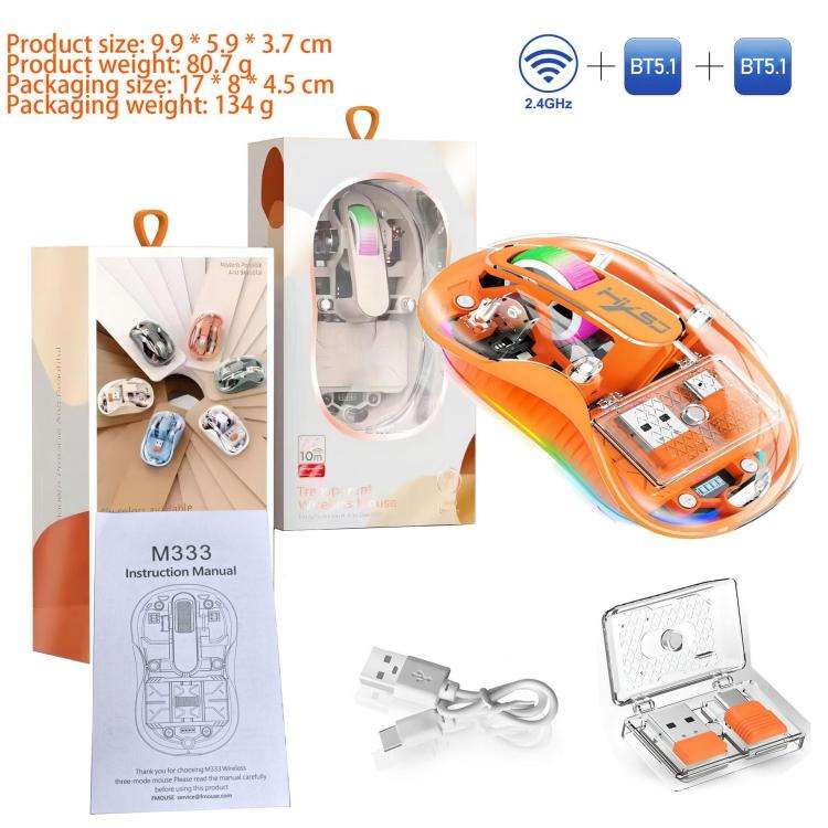 HXSJ M333 Three Modes Transparent Wireless Mouse(Orange)