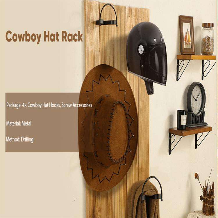 4pcs/Pcak Wall Mounted Cowboy Hat Storage Rack Multifunctional Hat Display Organizer(Black)