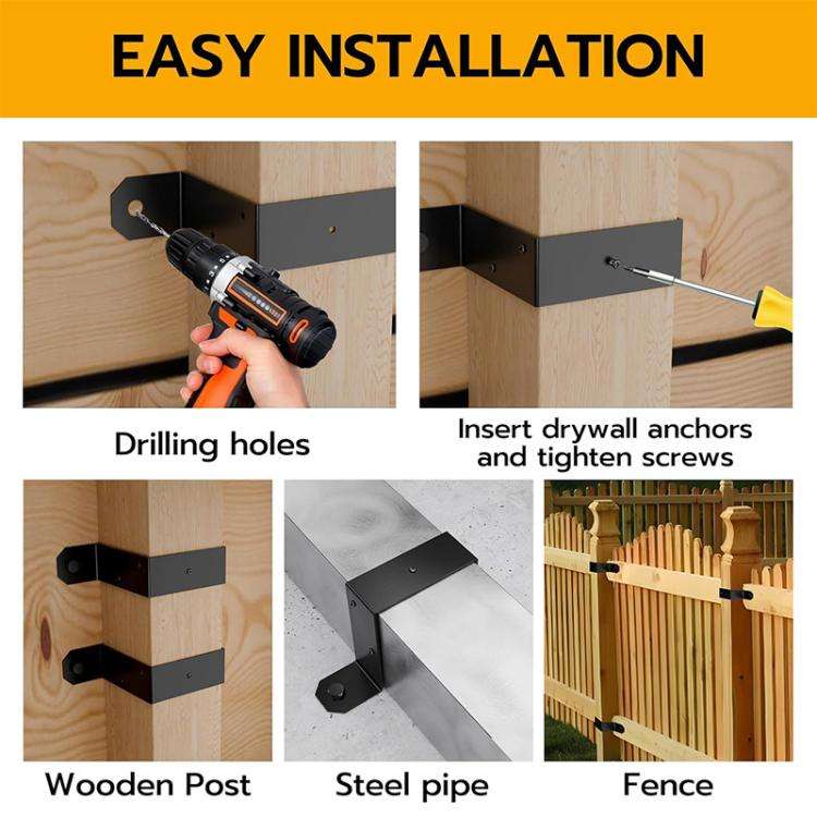 4pcs/Pack Heavy Duty Fence Post Metal Bracket Deck Post U-Shaped Fixing Bracket(Black)