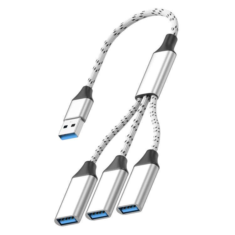USB-A to USB-A 3 in 1 OTG Expander Splitter Dock Station(Braided Silver)