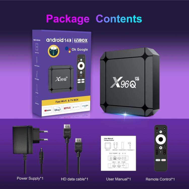 X96Q Android 14 Smart TV Box, RK3518 Quad-Core Cortex-A53, Memory:2GB+16GB(UK Plug)
