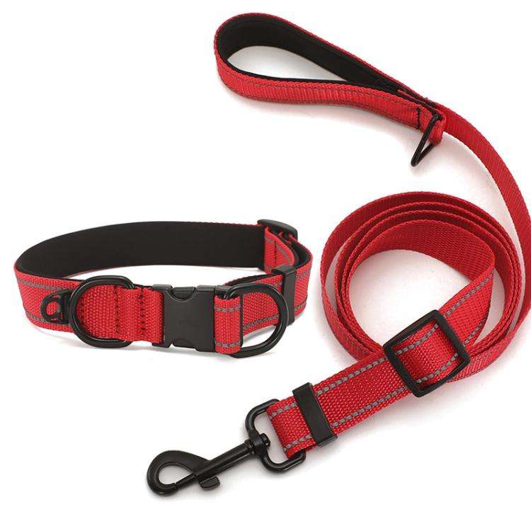 Pet Reflective Collar Waterproof Cloth Black Buckle with 1.8m Leash, Size:M(Red)