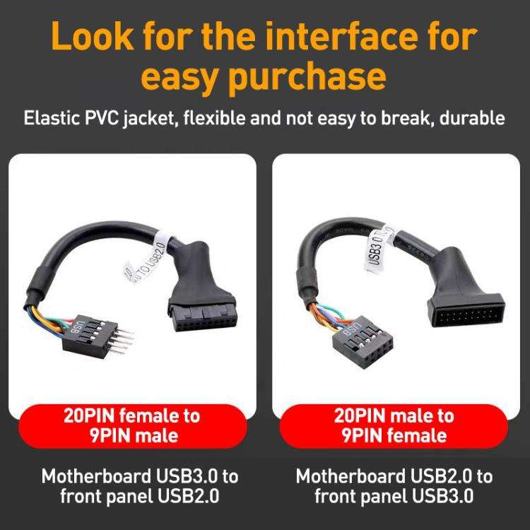 2pcs Computer Motherboard USB3.0 Adapter Cable(9 Pin Male to 20 Pin Female)