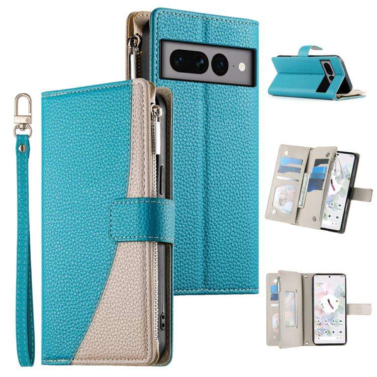 For Google Pixel 7 Pro Stitching Multi-card Zipper Wallet Leather Phone Case with Short Strap(Blue)