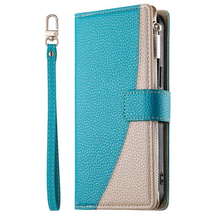For Google Pixel 7 Pro Stitching Multi-card Zipper Wallet Leather Phone Case with Short Strap(Blue)