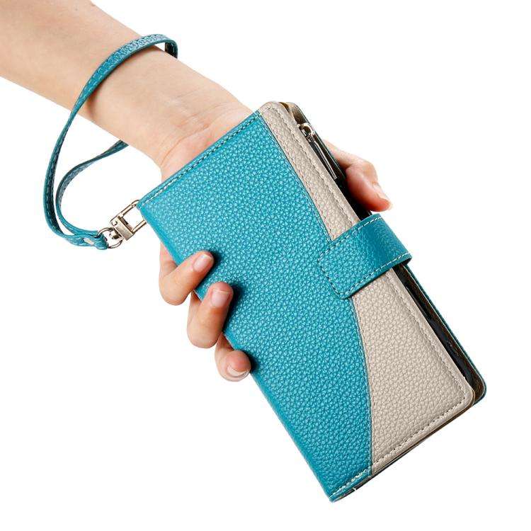 For Google Pixel 7 Pro Stitching Multi-card Zipper Wallet Leather Phone Case with Short Strap(Blue)