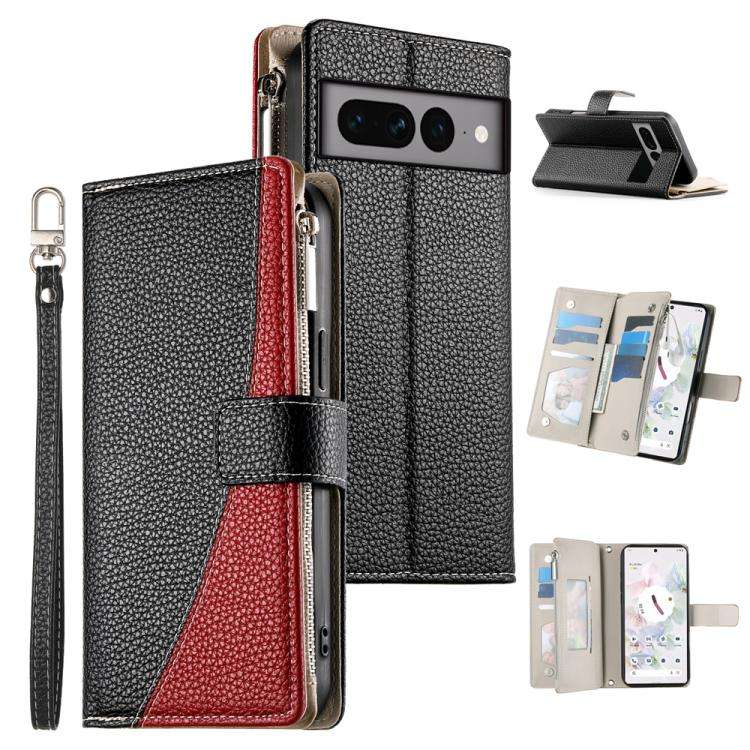 For Google Pixel 7 Pro Stitching Multi-card Zipper Wallet Leather Phone Case with Short Strap(Black)
