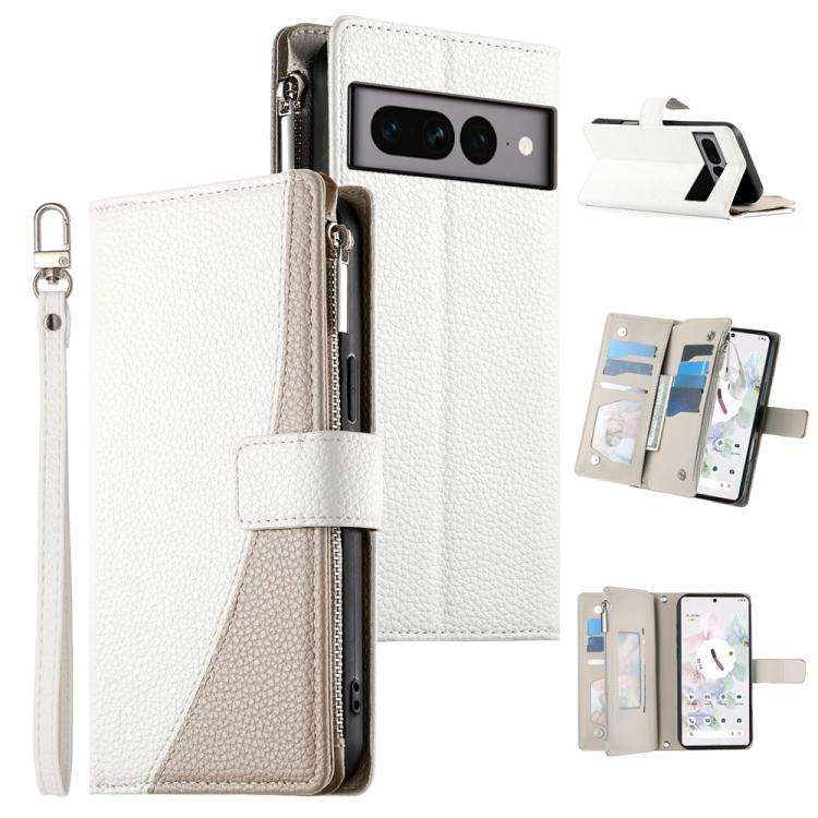 For Google Pixel 7 Pro Stitching Multi-card Zipper Wallet Leather Phone Case with Short Strap(White)