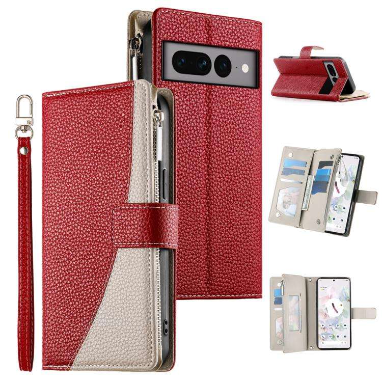 For Google Pixel 7 Pro Stitching Multi-card Zipper Wallet Leather Phone Case with Short Strap(Red)