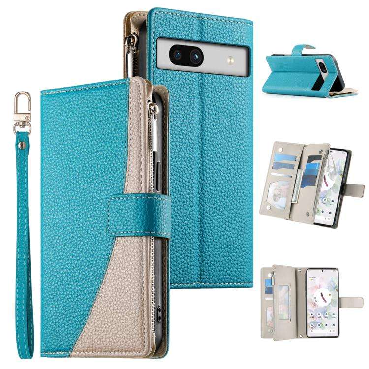 For Google Pixel 7a Stitching Multi-card Zipper Wallet Leather Phone Case with Short Strap(Blue)