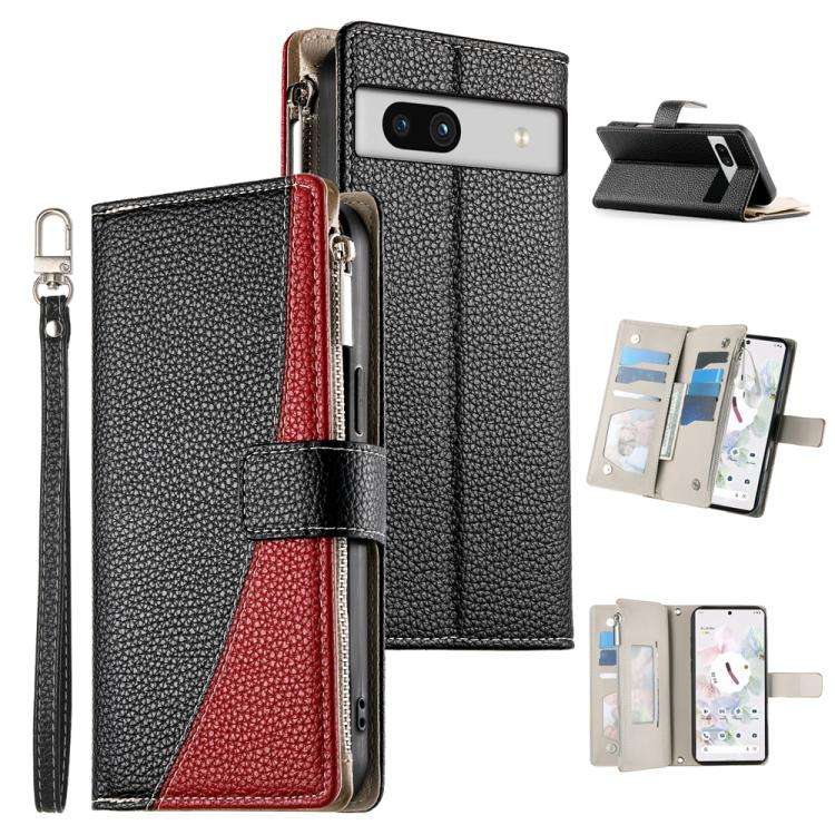 For Google Pixel 7a Stitching Multi-card Zipper Wallet Leather Phone Case with Short Strap(Black)