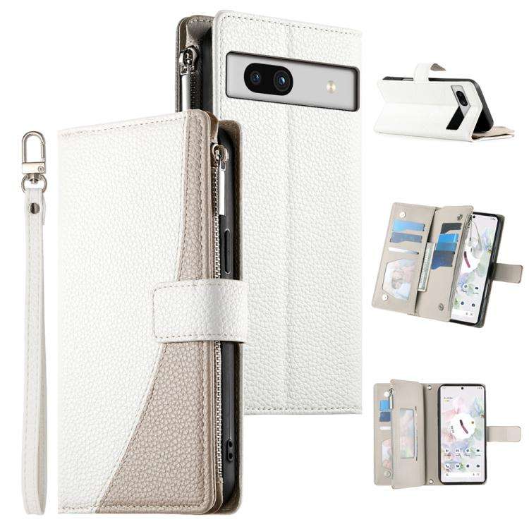 For Google Pixel 7a Stitching Multi-card Zipper Wallet Leather Phone Case with Short Strap(White)