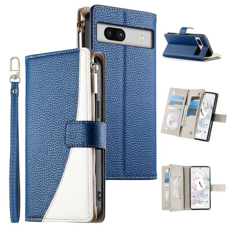 For Google Pixel 7a Stitching Multi-card Zipper Wallet Leather Phone Case with Short Strap(Dark B...