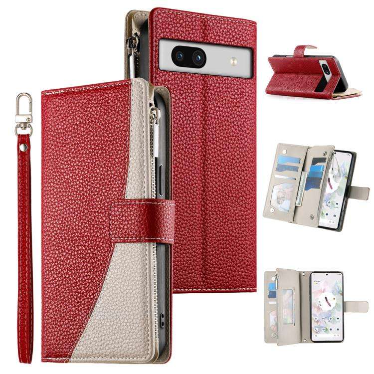 For Google Pixel 7a Stitching Multi-card Zipper Wallet Leather Phone Case with Short Strap(Red)