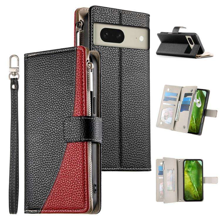 For Google Pixel 8 Stitching Multi-card Zipper Wallet Leather Phone Case with Short Strap(Black)