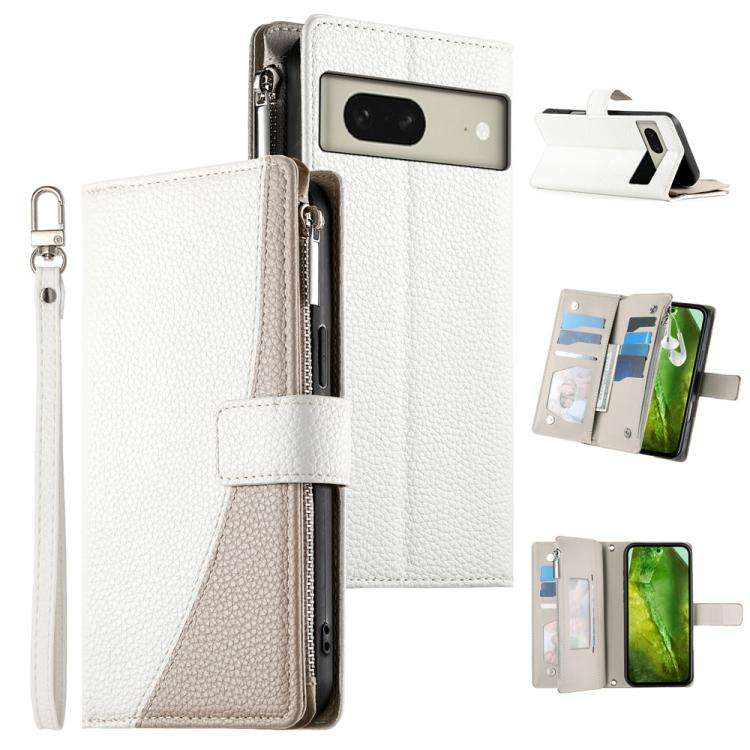 For Google Pixel 8 Stitching Multi-card Zipper Wallet Leather Phone Case with Short Strap(White)