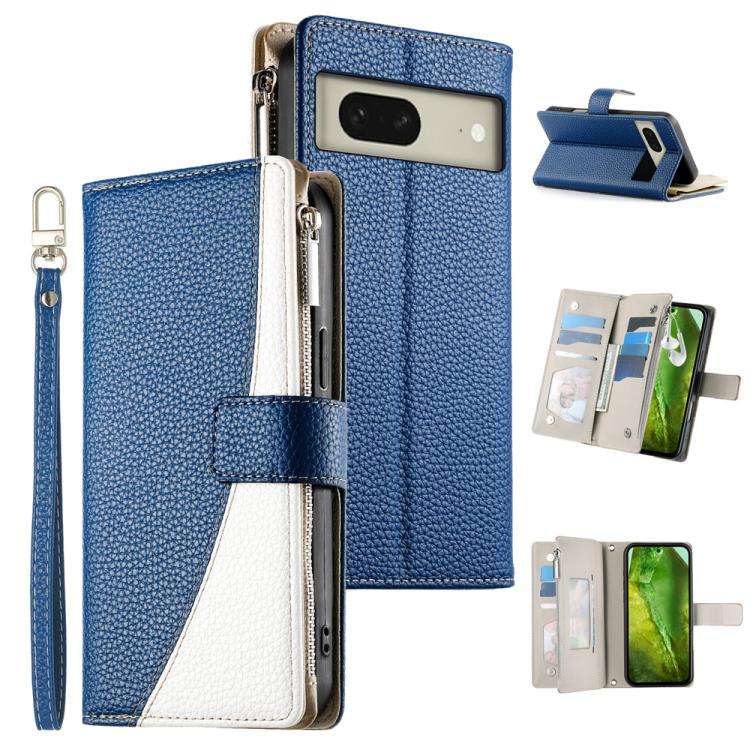 For Google Pixel 8 Stitching Multi-card Zipper Wallet Leather Phone Case with Short Strap(Dark Blue)