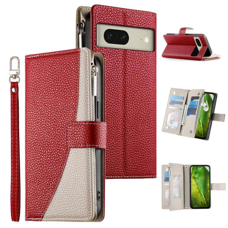 For Google Pixel 8 Stitching Multi-card Zipper Wallet Leather Phone Case with Short Strap(Red)