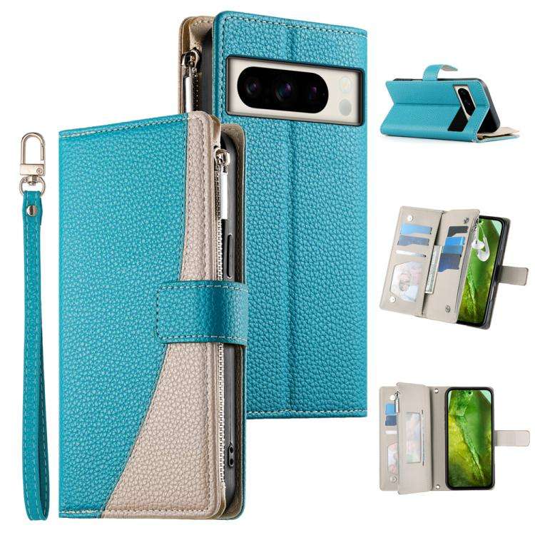 For Google Pixel 8 Pro Stitching Multi-card Zipper Wallet Leather Phone Case with Short Strap(Blue)