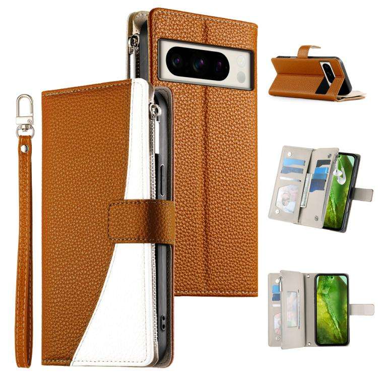 For Google Pixel 8 Pro Stitching Multi-card Zipper Wallet Leather Phone Case with Short Strap(Brown)