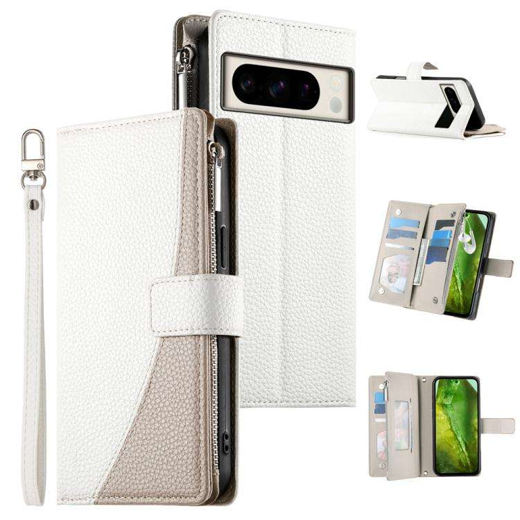 For Google Pixel 8 Pro Stitching Multi-card Zipper Wallet Leather Phone Case with Short Strap(White)