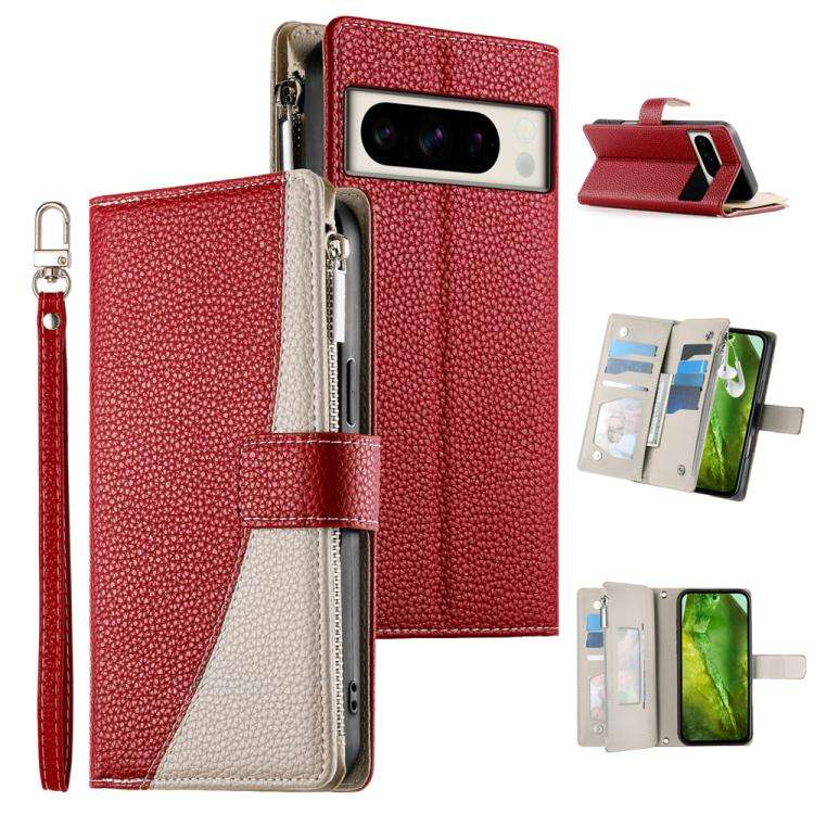 For Google Pixel 8 Pro Stitching Multi-card Zipper Wallet Leather Phone Case with Short Strap(Red)