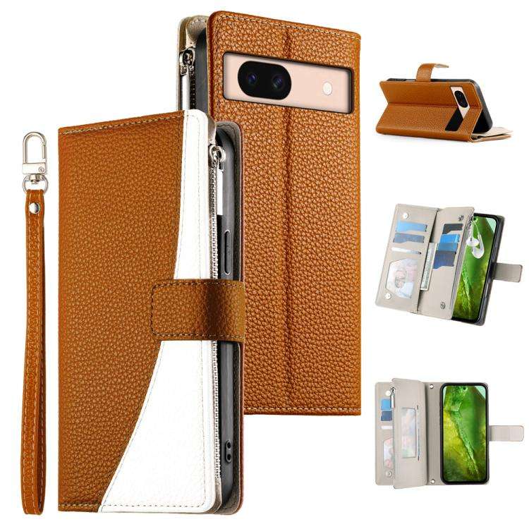 For Google Pixel 8a Stitching Multi-card Zipper Wallet Leather Phone Case with Short Strap(Brown)