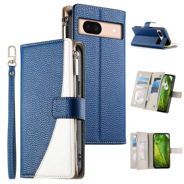 For Google Pixel 8a Stitching Multi-card Zipper Wallet Leather Phone Case with Short Strap(Dark B...