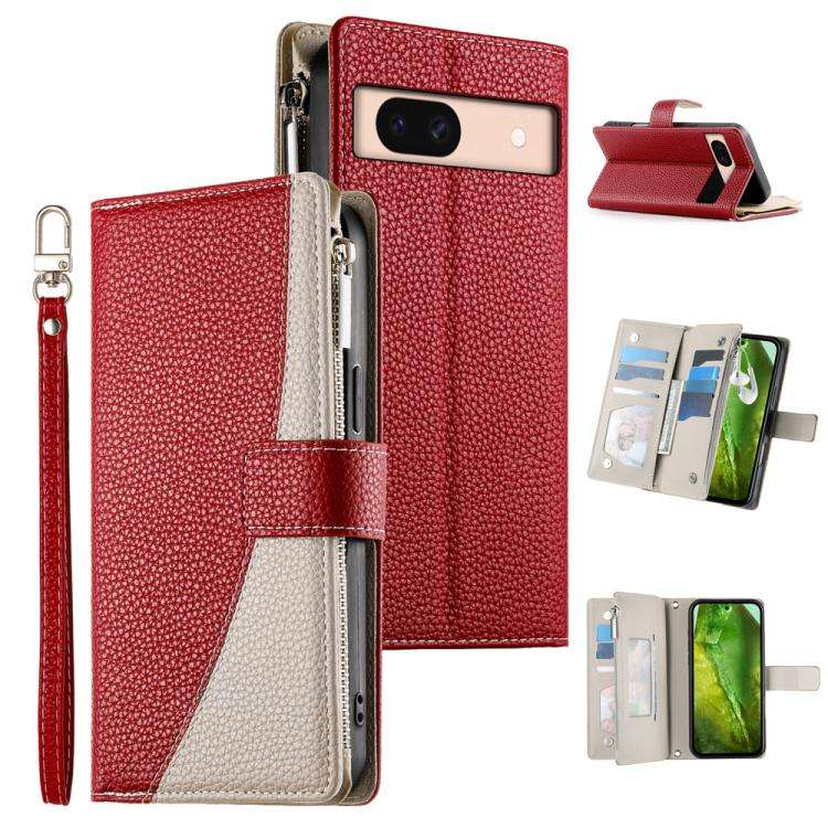 For Google Pixel 8a Stitching Multi-card Zipper Wallet Leather Phone Case with Short Strap(Red)