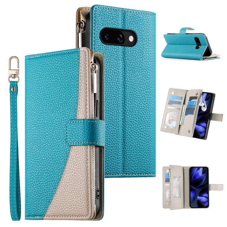 For Google Pixel 9a Stitching Multi-card Zipper Wallet Leather Phone Case with Short Strap(Blue)