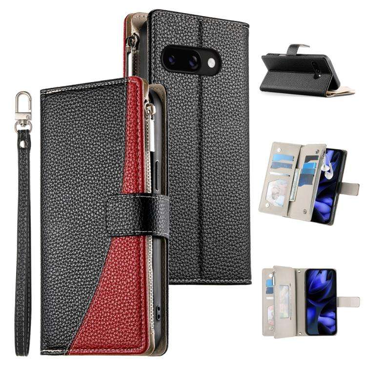 For Google Pixel 9a Stitching Multi-card Zipper Wallet Leather Phone Case with Short Strap(Black)