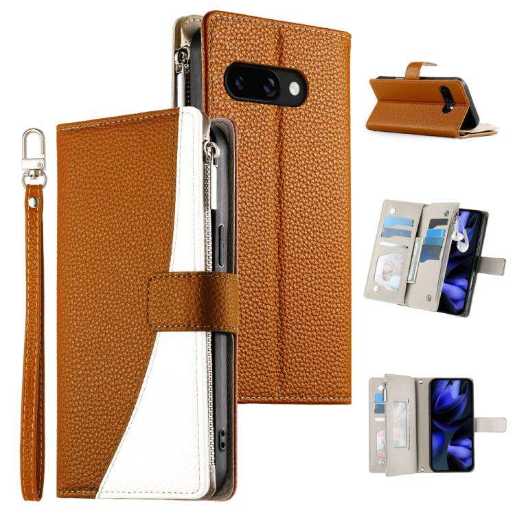 For Google Pixel 9a Stitching Multi-card Zipper Wallet Leather Phone Case with Short Strap(Brown)