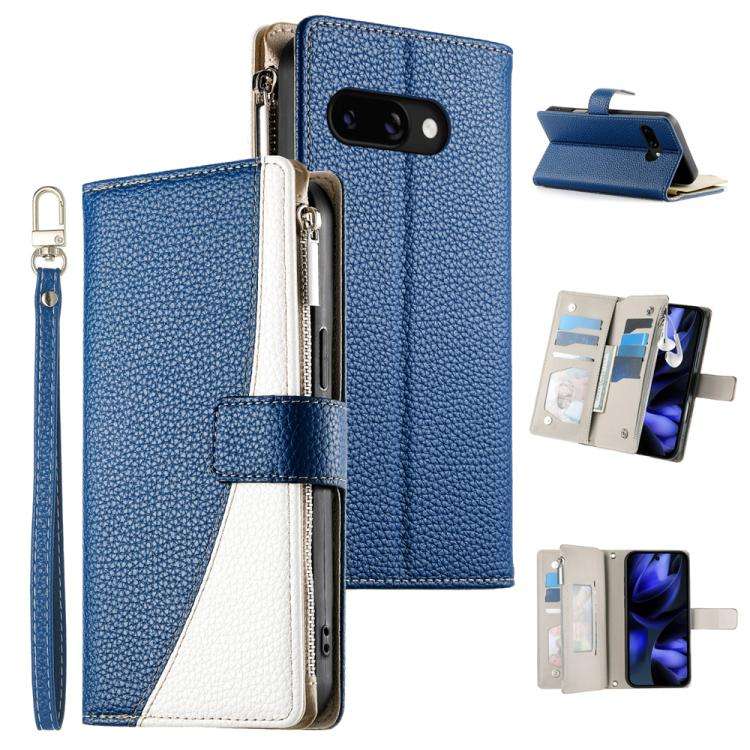 For Google Pixel 9a Stitching Multi-card Zipper Wallet Leather Phone Case with Short Strap(Dark B...
