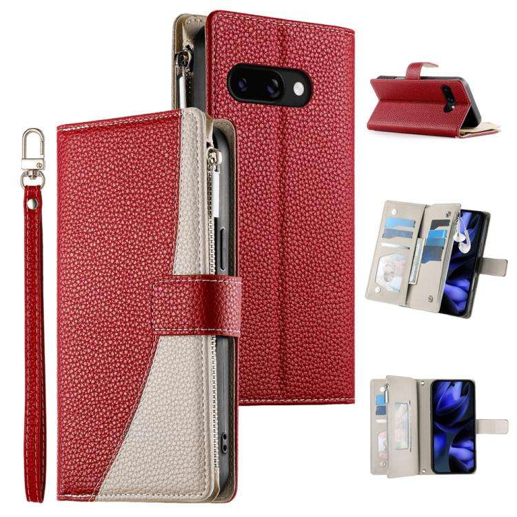For Google Pixel 9a Stitching Multi-card Zipper Wallet Leather Phone Case with Short Strap(Red)