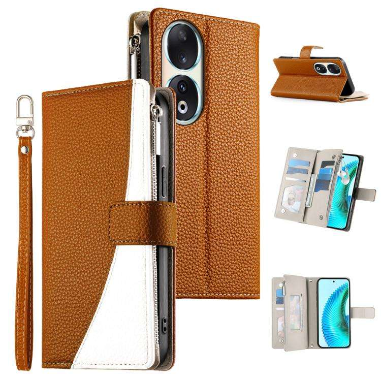 For Honor 90 Stitching Multi-card Zipper Wallet Leather Phone Case with Short Strap(Brown)