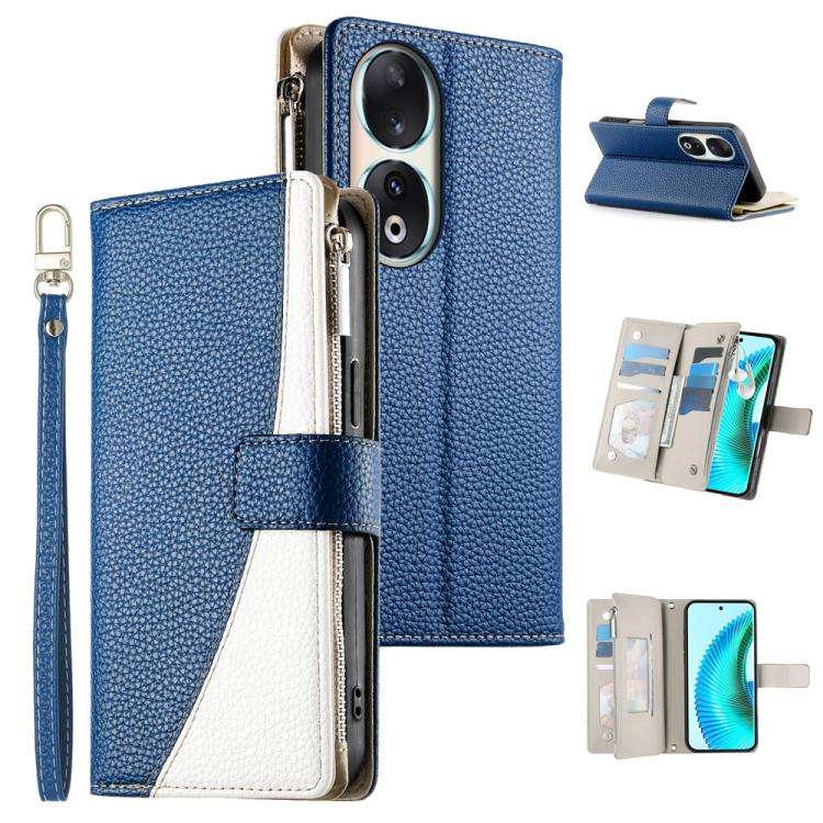 For Honor 90 Stitching Multi-card Zipper Wallet Leather Phone Case with Short Strap(Red)