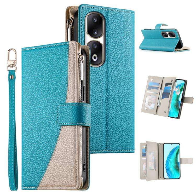 For Honor 90 Pro Stitching Multi-card Zipper Wallet Leather Phone Case with Short Strap(Blue)