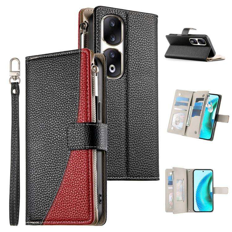 For Honor 90 Pro Stitching Multi-card Zipper Wallet Leather Phone Case with Short Strap(Black)