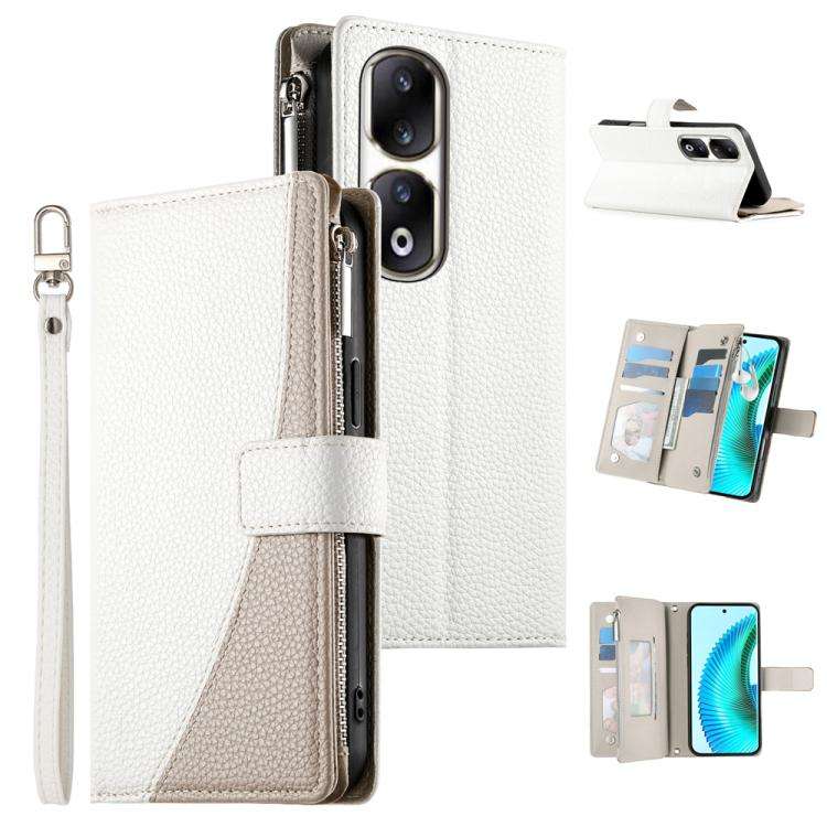 For Honor 90 Pro Stitching Multi-card Zipper Wallet Leather Phone Case with Short Strap(White)