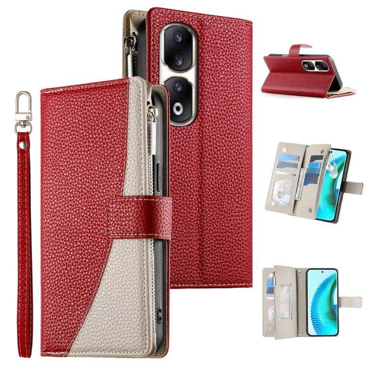 For Honor 90 Pro Stitching Multi-card Zipper Wallet Leather Phone Case with Short Strap(Red)