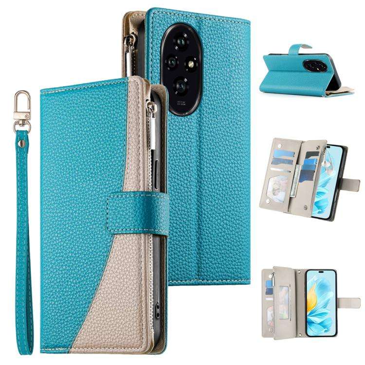 For Honor 200 Stitching Multi-card Zipper Wallet Leather Phone Case with Short Strap(Blue)