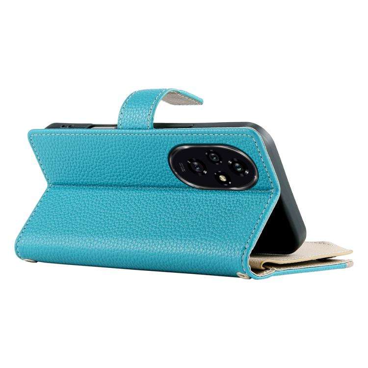 For Honor 200 Stitching Multi-card Zipper Wallet Leather Phone Case with Short Strap(Blue)