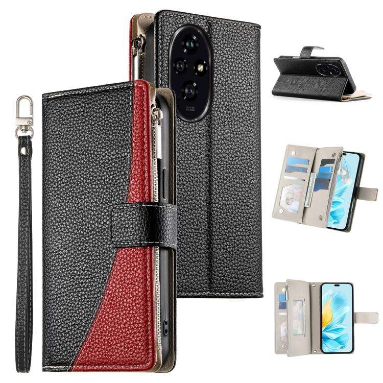 For Honor 200 Stitching Multi-card Zipper Wallet Leather Phone Case with Short Strap(Black)
