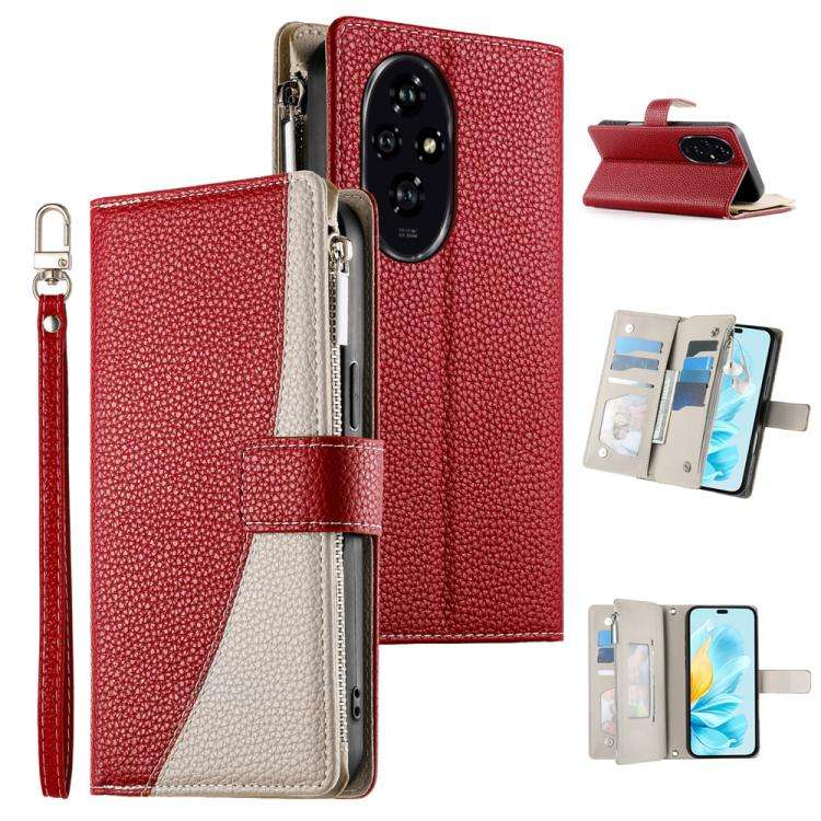 For Honor 200 Stitching Multi-card Zipper Wallet Leather Phone Case with Short Strap(Red)