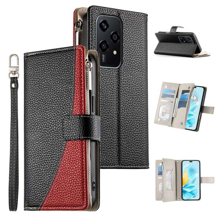 For Honor 200 Lite Global Stitching Multi-card Zipper Wallet Leather Phone Case with Short Strap(...