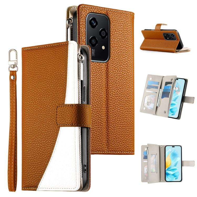For Honor 200 Lite Global Stitching Multi-card Zipper Wallet Leather Phone Case with Short Strap(...