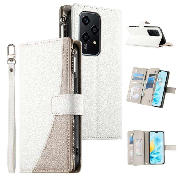 For Honor 200 Lite Global Stitching Multi-card Zipper Wallet Leather Phone Case with Short Strap(...