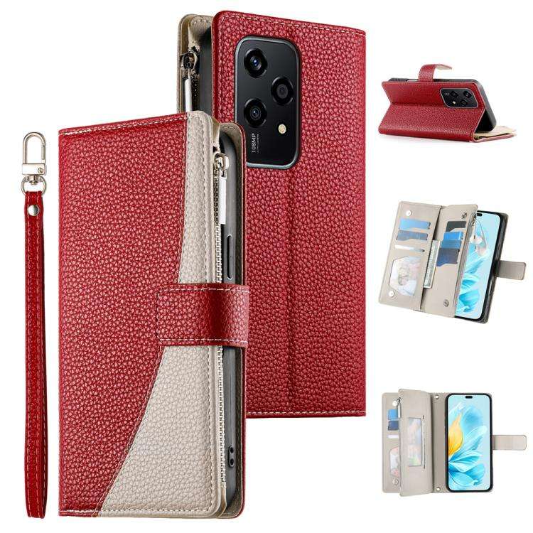 For Honor 200 Lite Global Stitching Multi-card Zipper Wallet Leather Phone Case with Short Strap(...